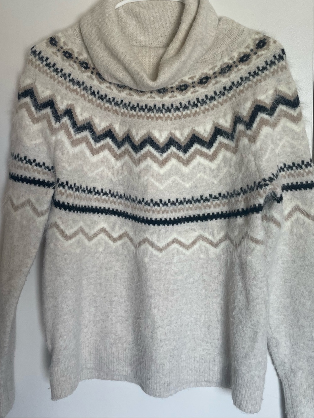 Loft Cozy Cream Cowl Neck Fair Isle Sweater Wool Blend